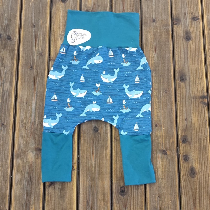 Pantalon évolutif baleine souriante / bleu pétrole